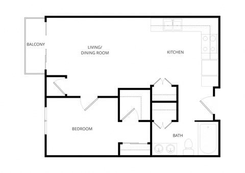 Floor plan for 1 bed, 1 bath, 642 sqft